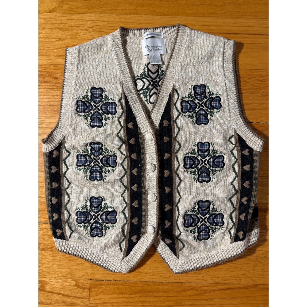 Christopher & Banks Vintage Hand Embroidered Plaid Heart Sweater Vest Small